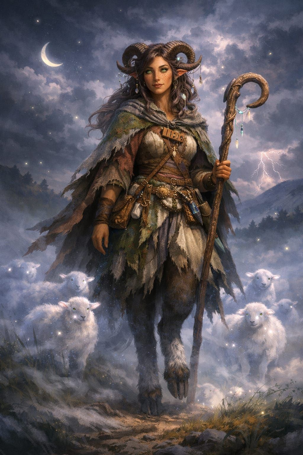 Sorrel Skysigh, a satyr Circle of Dreams druid and her flock of sky sheep