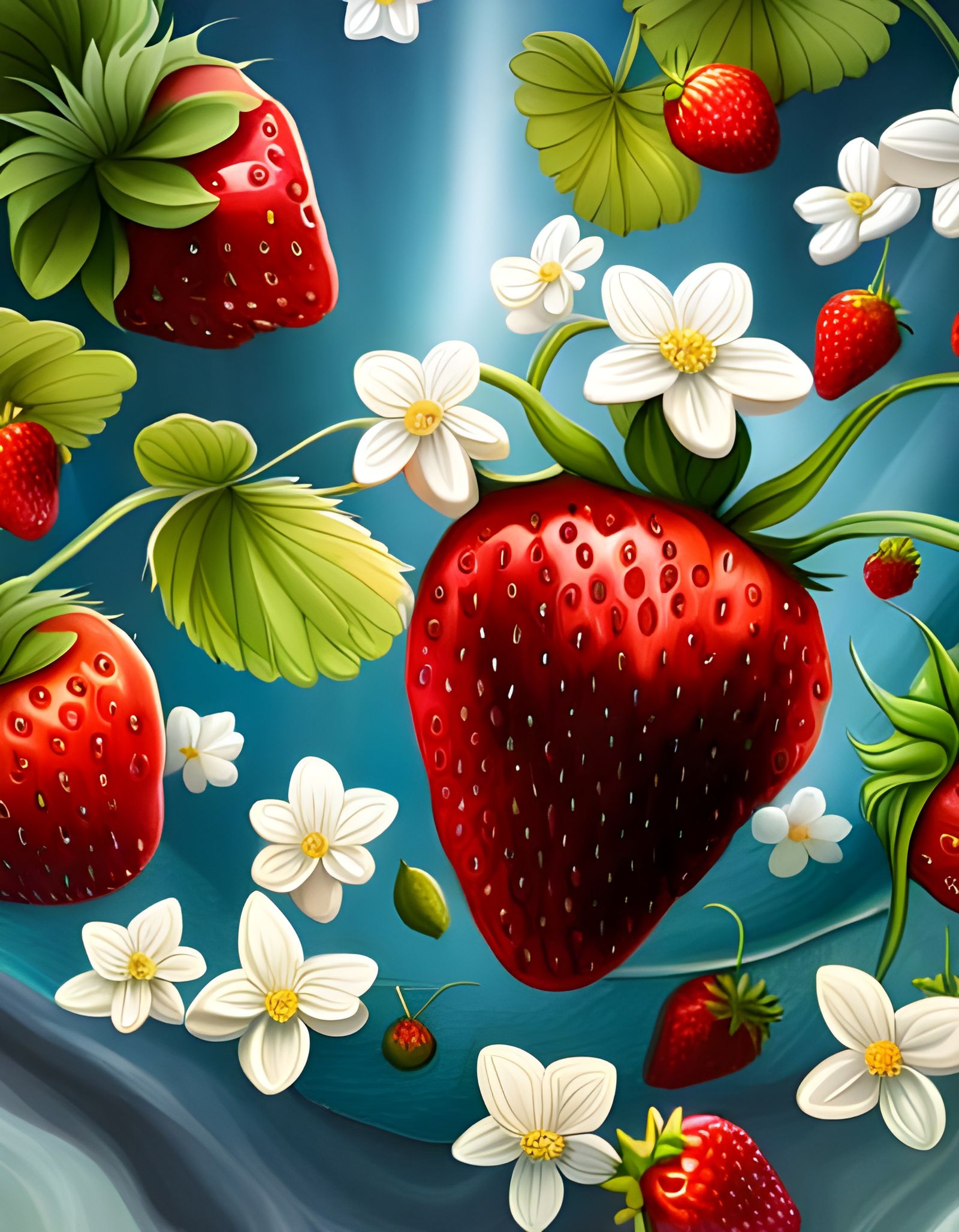 a fresh ripe strawberry surrounded by pretty strawberry blossoms in the center of the picture sharp focus ...  by @Dalia Larimar