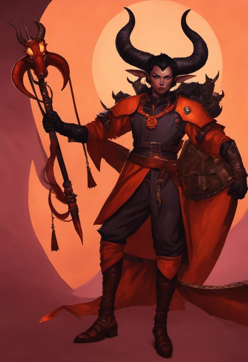 A tiefling with dark red skin, short black hair, orange ram ...