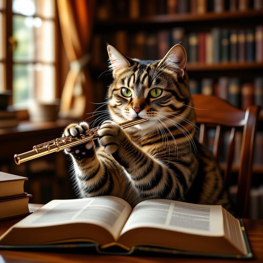 Photorealistic Tabby Cat Plays Flute in Cozy Library