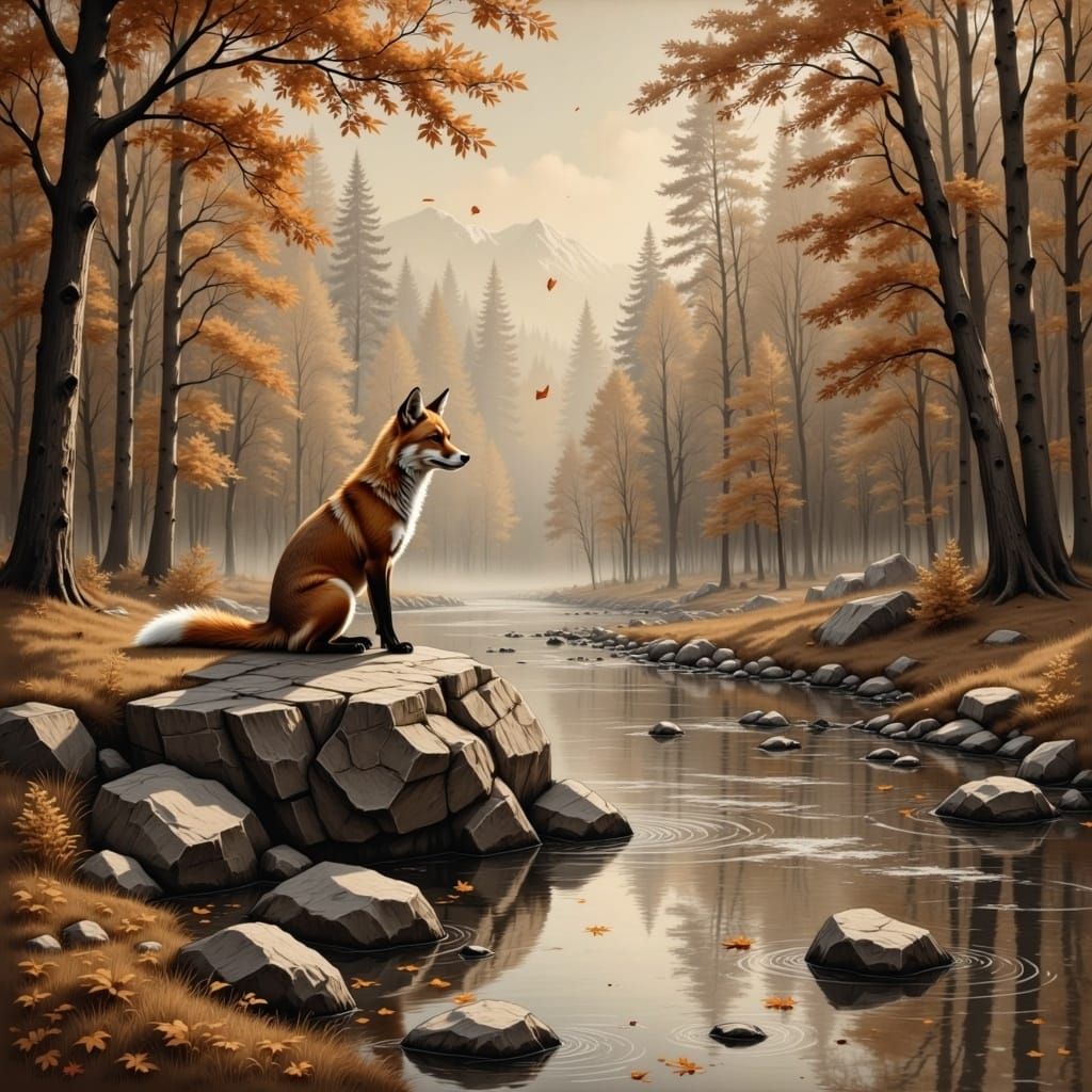  <lora:sMOre Flux:1.0> A fox sitting by a rock next to a stream, falling leaves