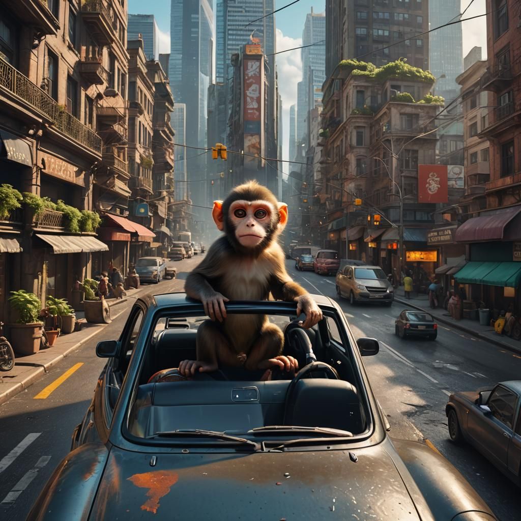 a baby monkey in a car in a big city and the monkey looking ...