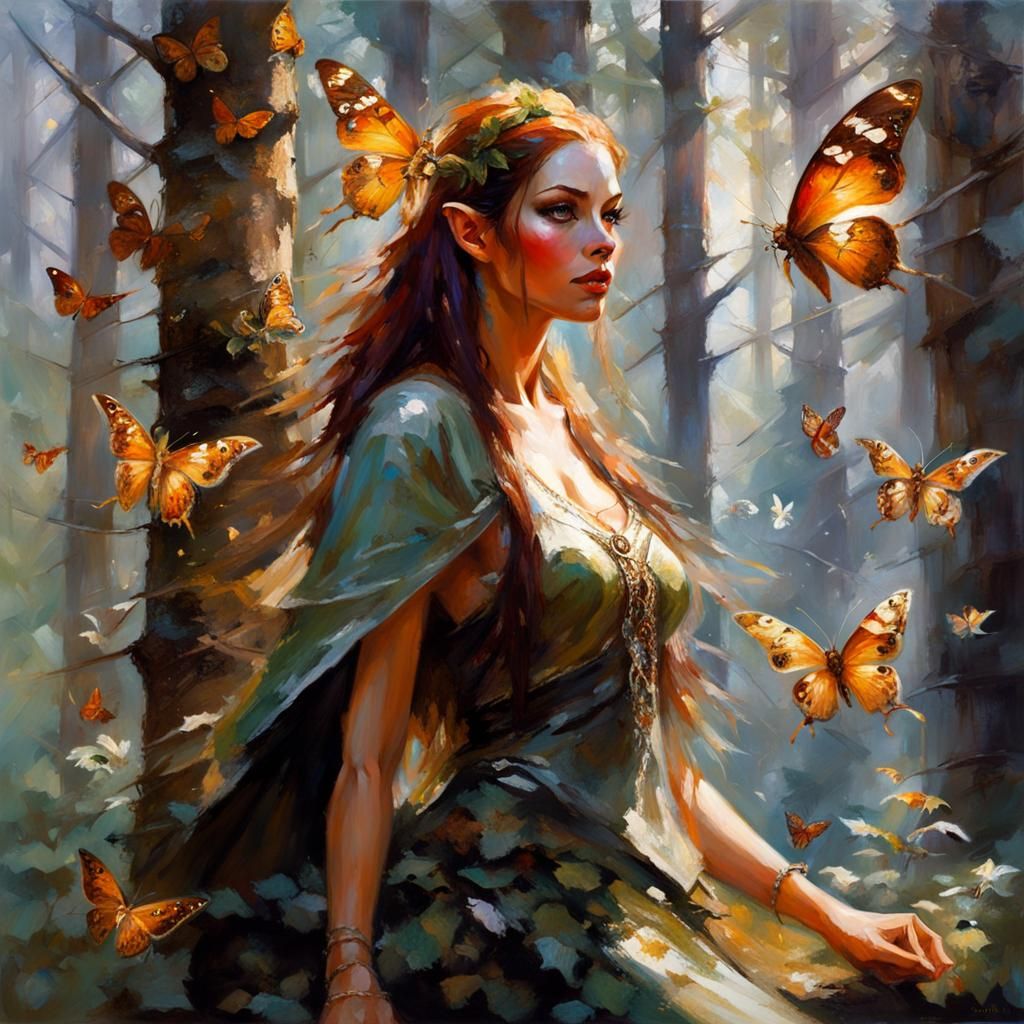 beautiful forest elf woman, magical, moths, Fantasy, Terese Nielsen, Michael Garmash  by @Superbear