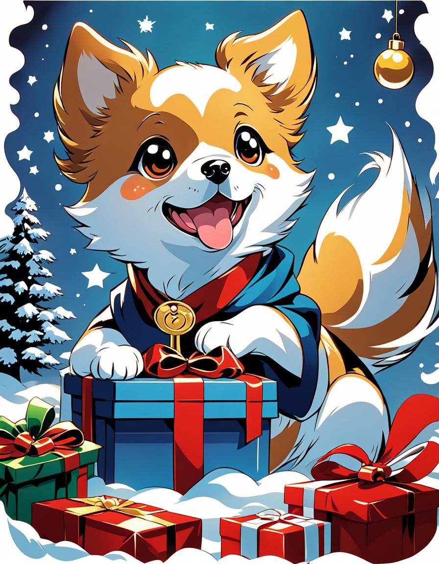 Anime-Inspired Christmas Gift-Giving Dog