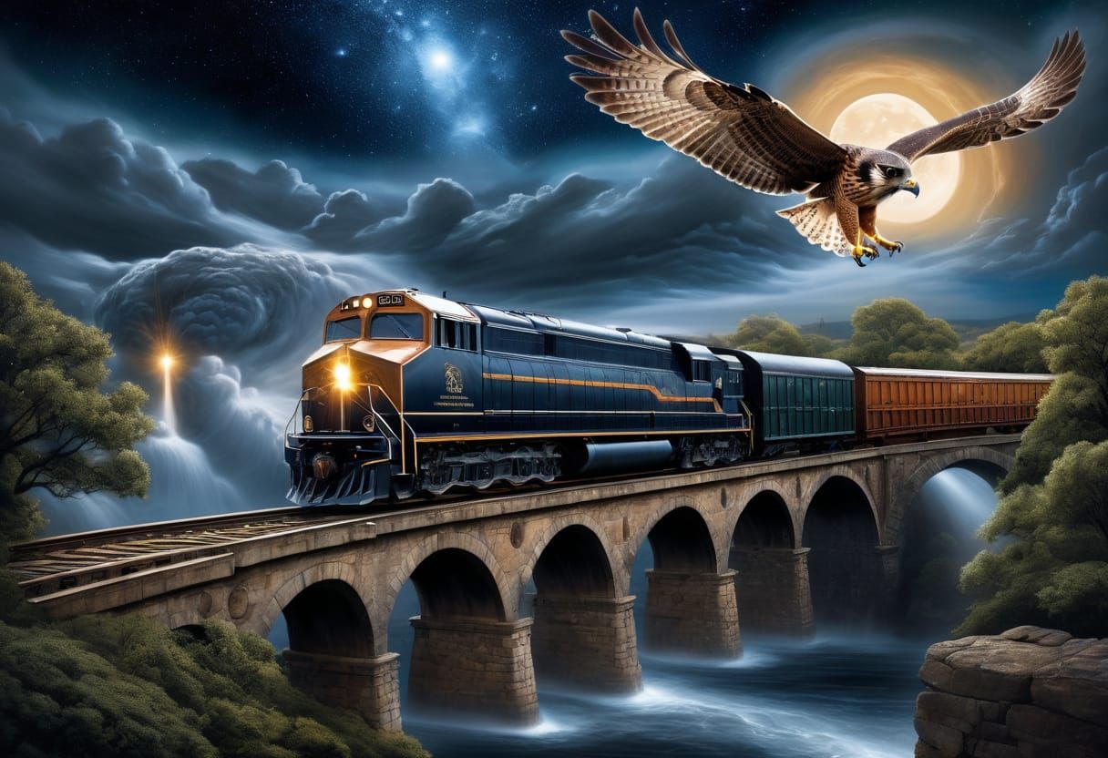 A Falcon overlooking a old arched stone bridge with old frei...