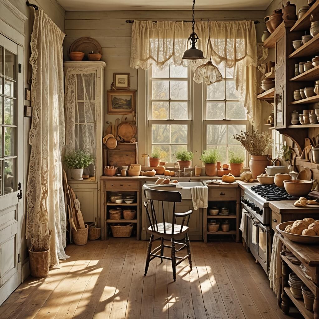 Imagine stepping into a rustic kitchen on a crisp autumn morning. The room is bathed in the soft, golden ...  by @undefined