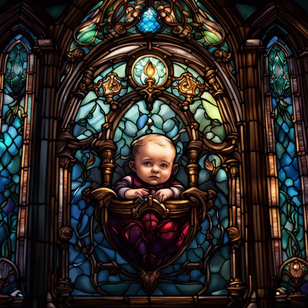 Gorgeous stained glass of a Victorian baby.
