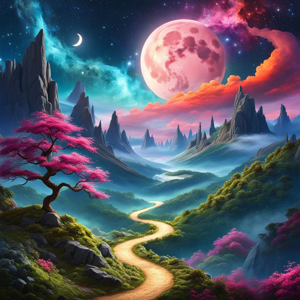 Enchanting illustrations depicting winding paths leading sky...