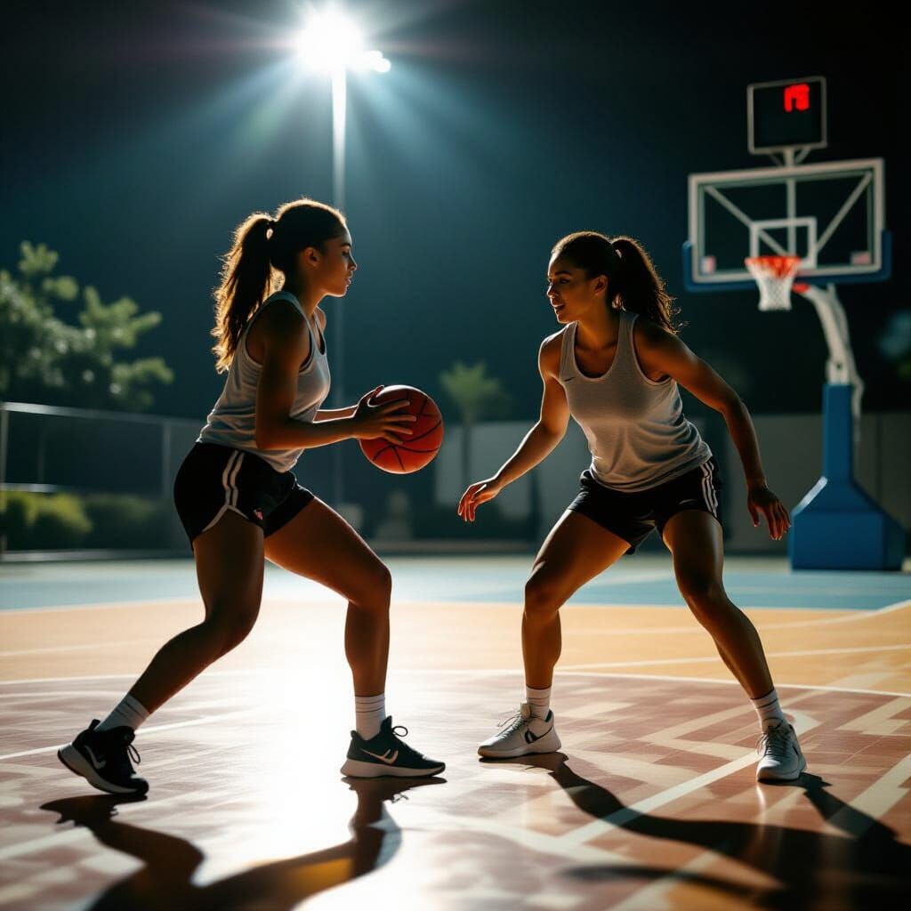 Women playing basketball at night on a lighted court  by @Evie