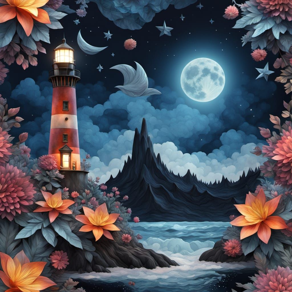 A flowery paper-art lighthouse