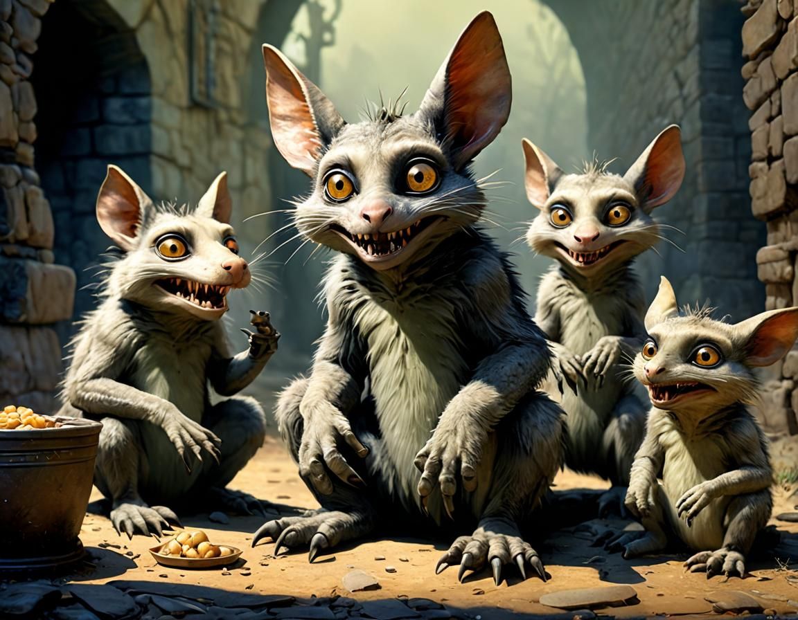 one adorable and cute chupacabra begging for a treat, Crooked teeth, big eyes, rough brushed fur