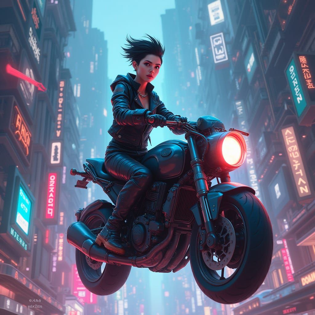 Cyberpunk Goddess Rides Futuristic Hoverbike Through Neon Ci...