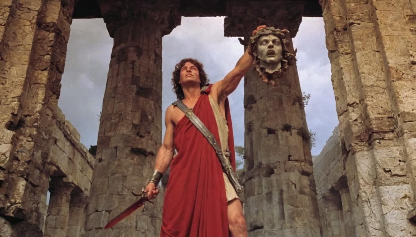 Perseus, with his sword in one hand, and the head of Medusa in the other.