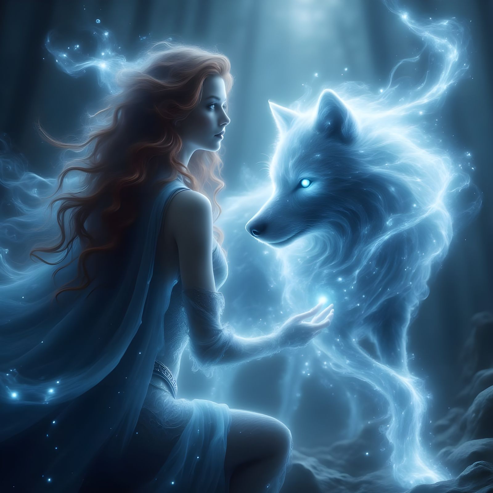 Woman Touches Giant Energy Wolf in Fantasy Art