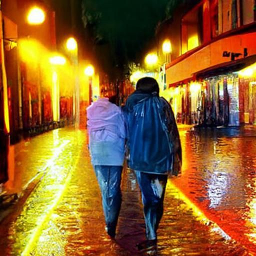 Couple walking down the street late at night in the rain