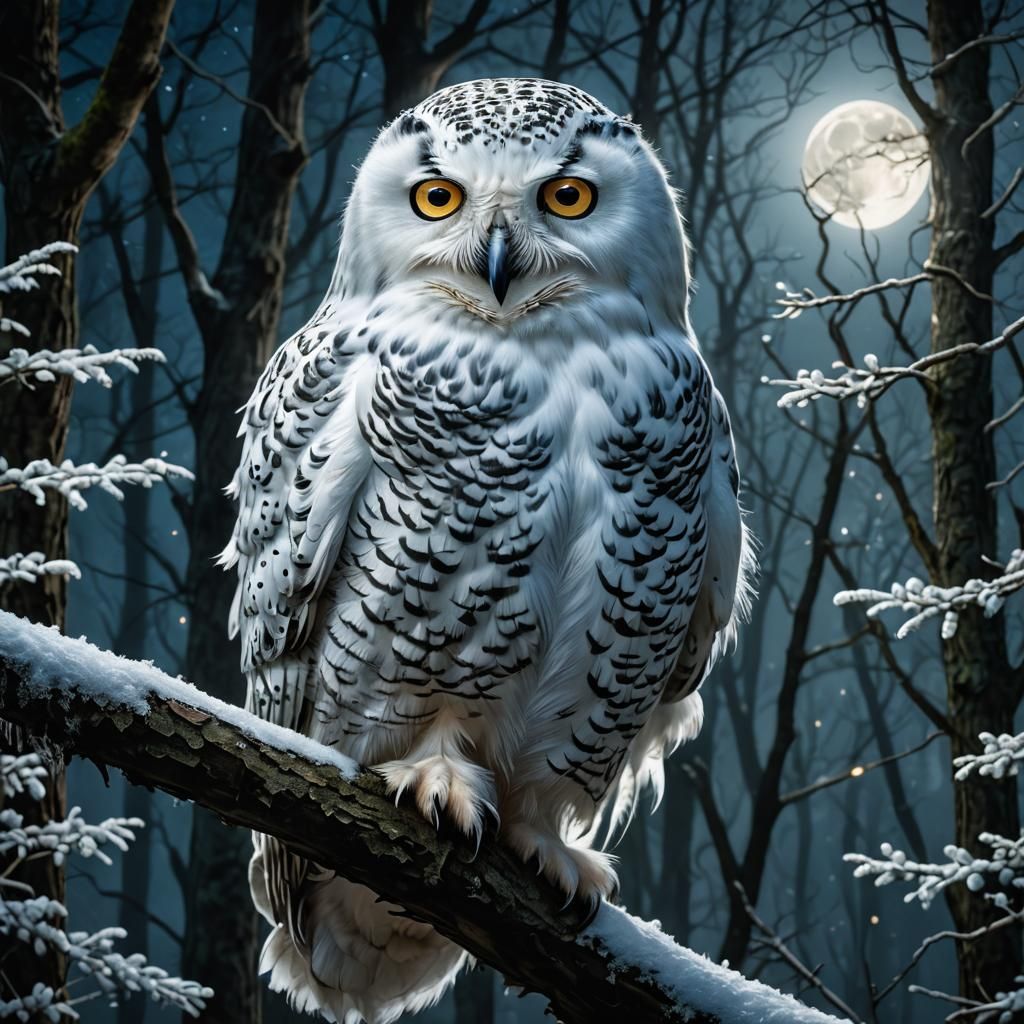 Moonlight forrest with snowi owl