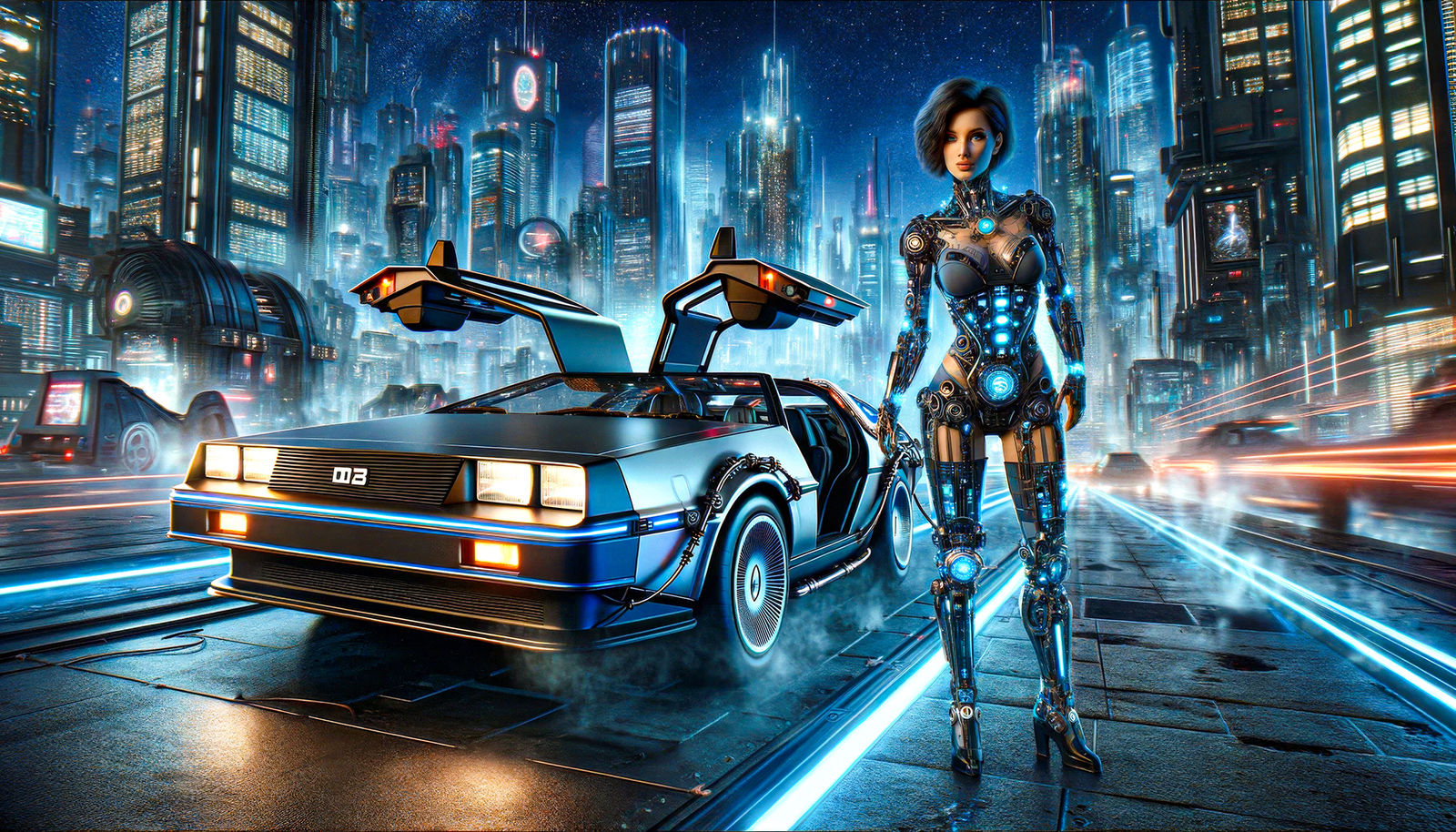 Futuristic Cybernetic, Cyborg & DeLorean in Cyber City