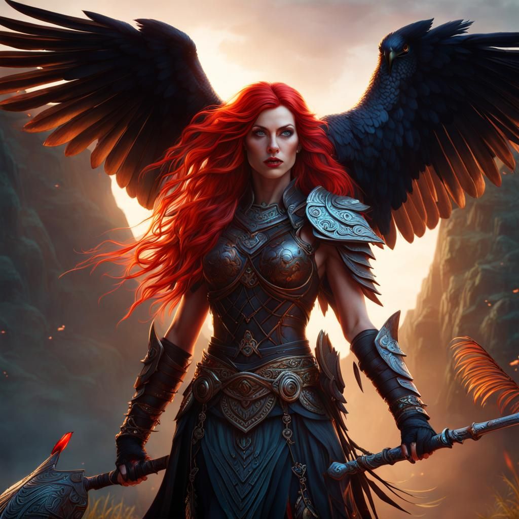 Red haired warrior crow goddess - The Morrigan - AI Generated Artwork -  NightCafe Creator