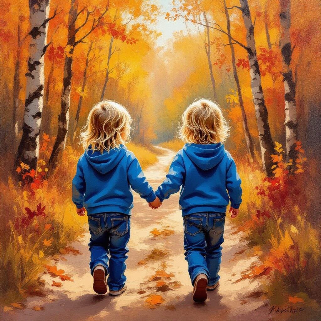 Twin Boys in Autumn Forest as Impressionist Oil Painting