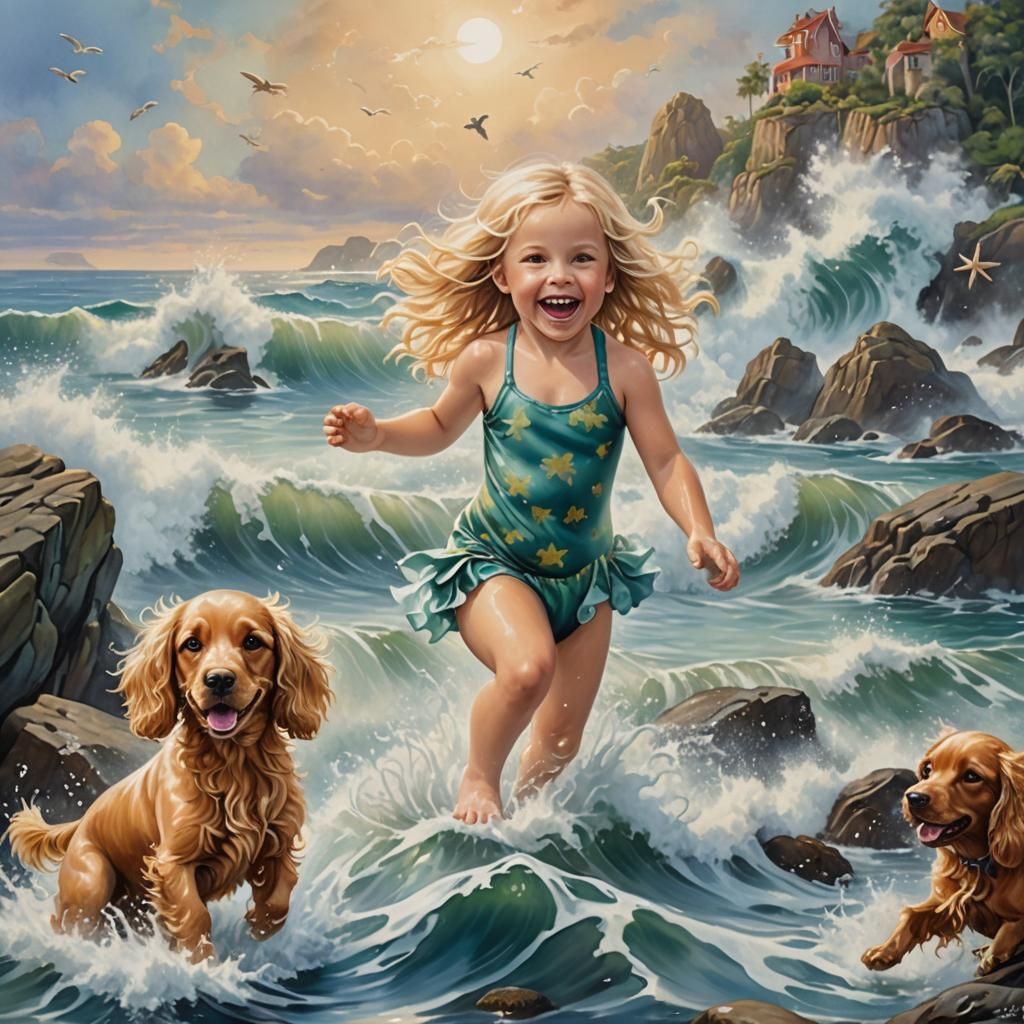 In the style Penny Parker, airbrushed oil painting, a cute 2yr old girl, blonde long wet hair, wearing ...  by @Averil Thorpe