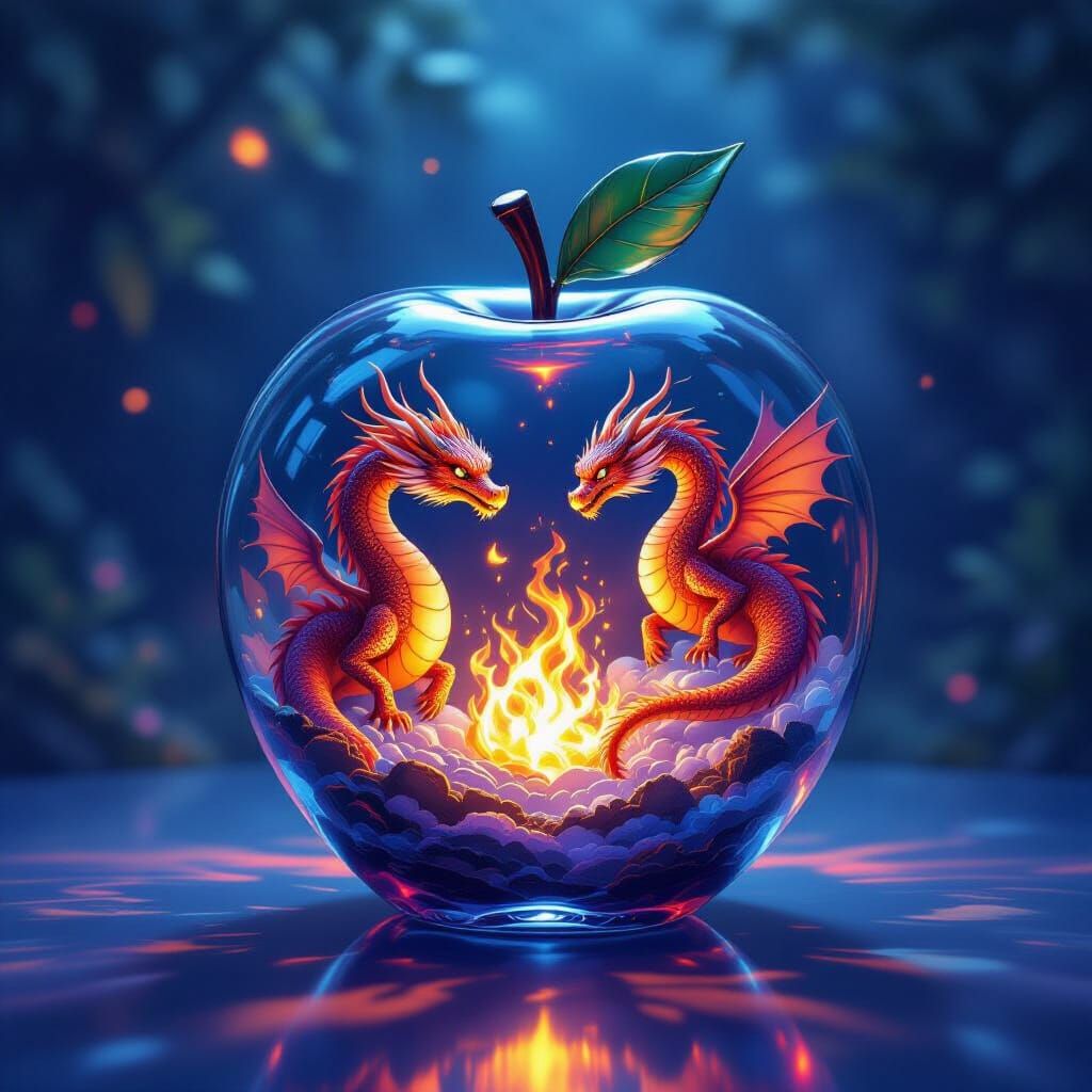 Miniature Dragon & Phoenix World Inside Crystal Apple