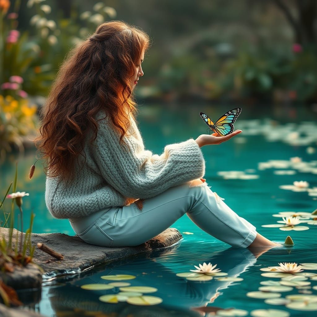 Enchanting Woman by Pond in a Winter Wonderland