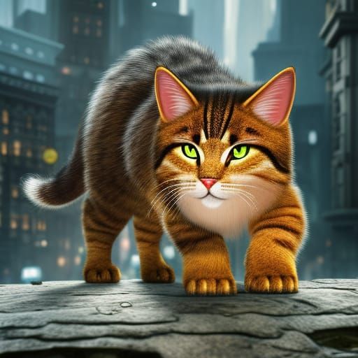 Beautiful short cuddly cute huge monster cat humanoid attack...