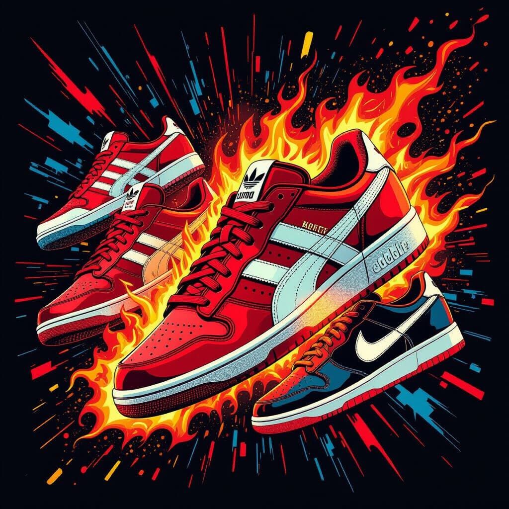 Burning Sneakers: Adidas, Puma, Nike in Fiery Digital Art