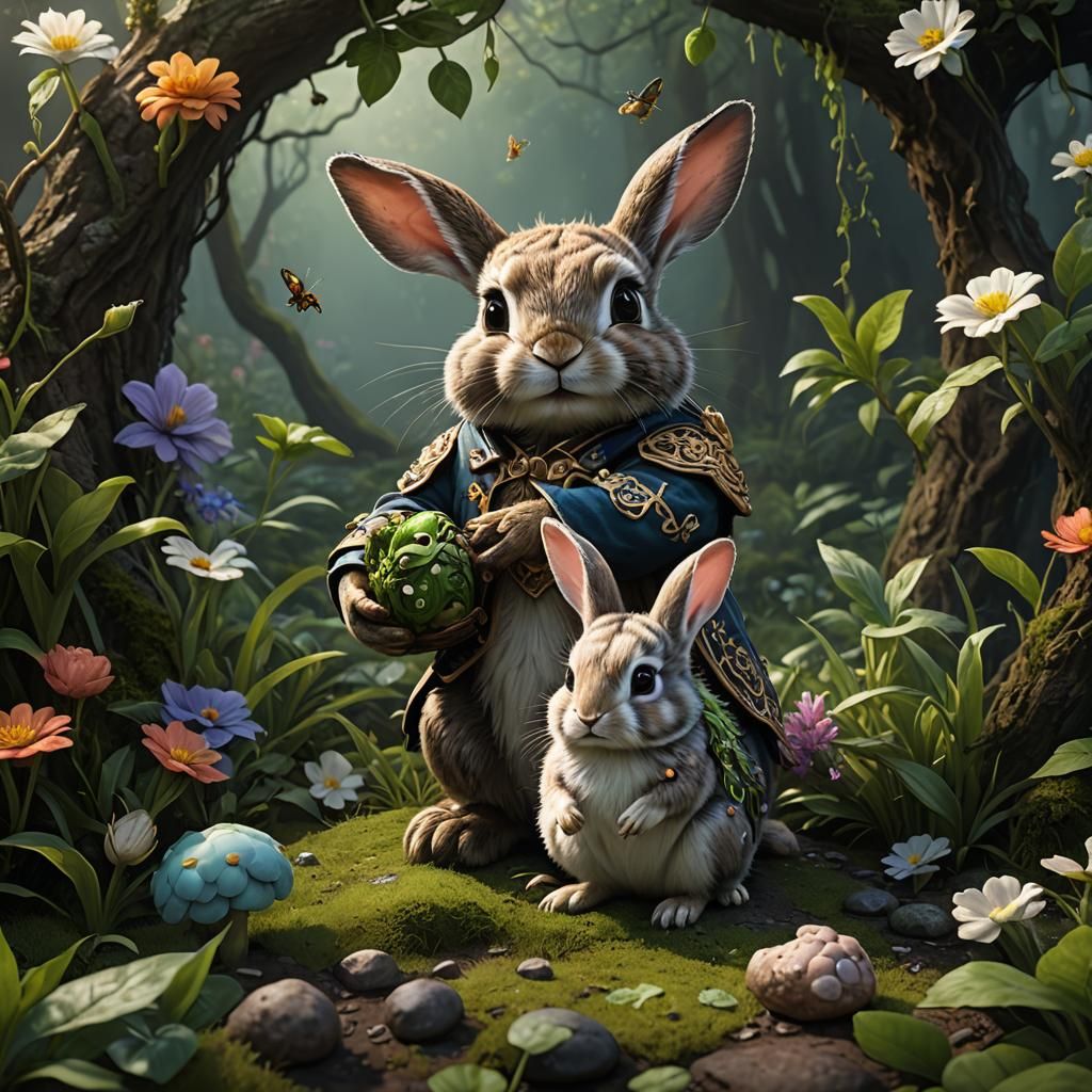 a bunny holding a baby frog and a baby bunny - AI Generated Artwork