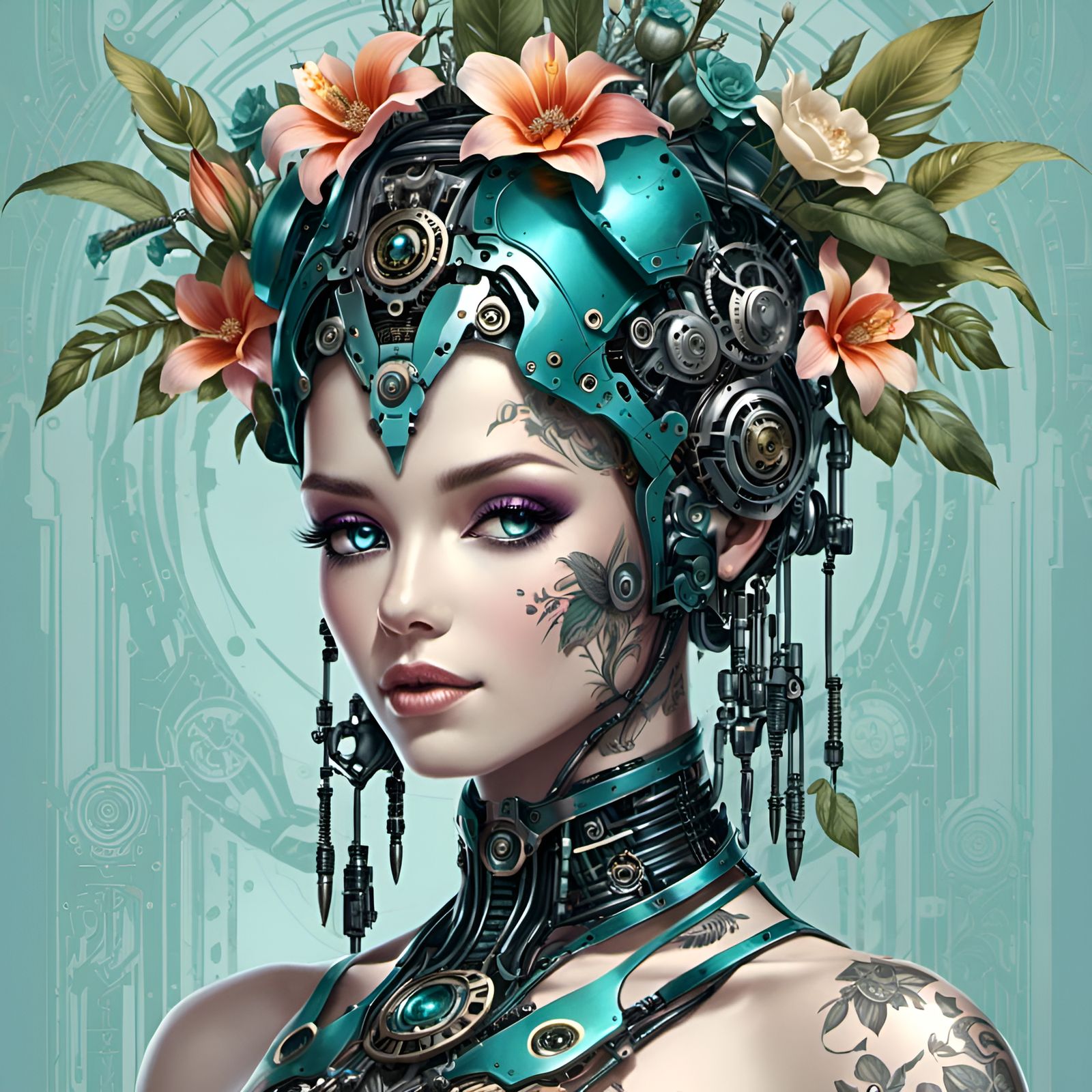  <lora:Crimson:1.0>A beautiful cyberpunk humanoid :: flower crown ::  digital teal tattoos :: tropicalpunk