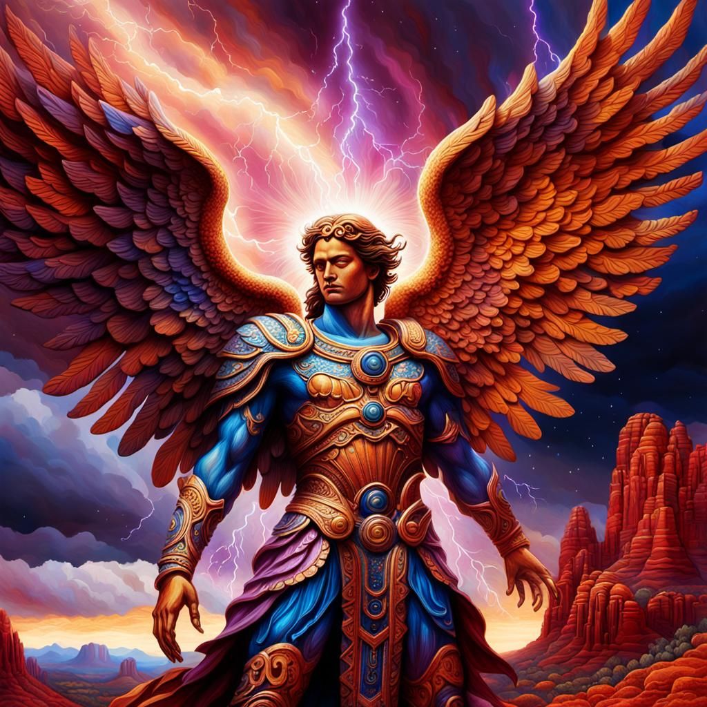 Archangel Michael standing on the red hills of Sedona, Arizo...