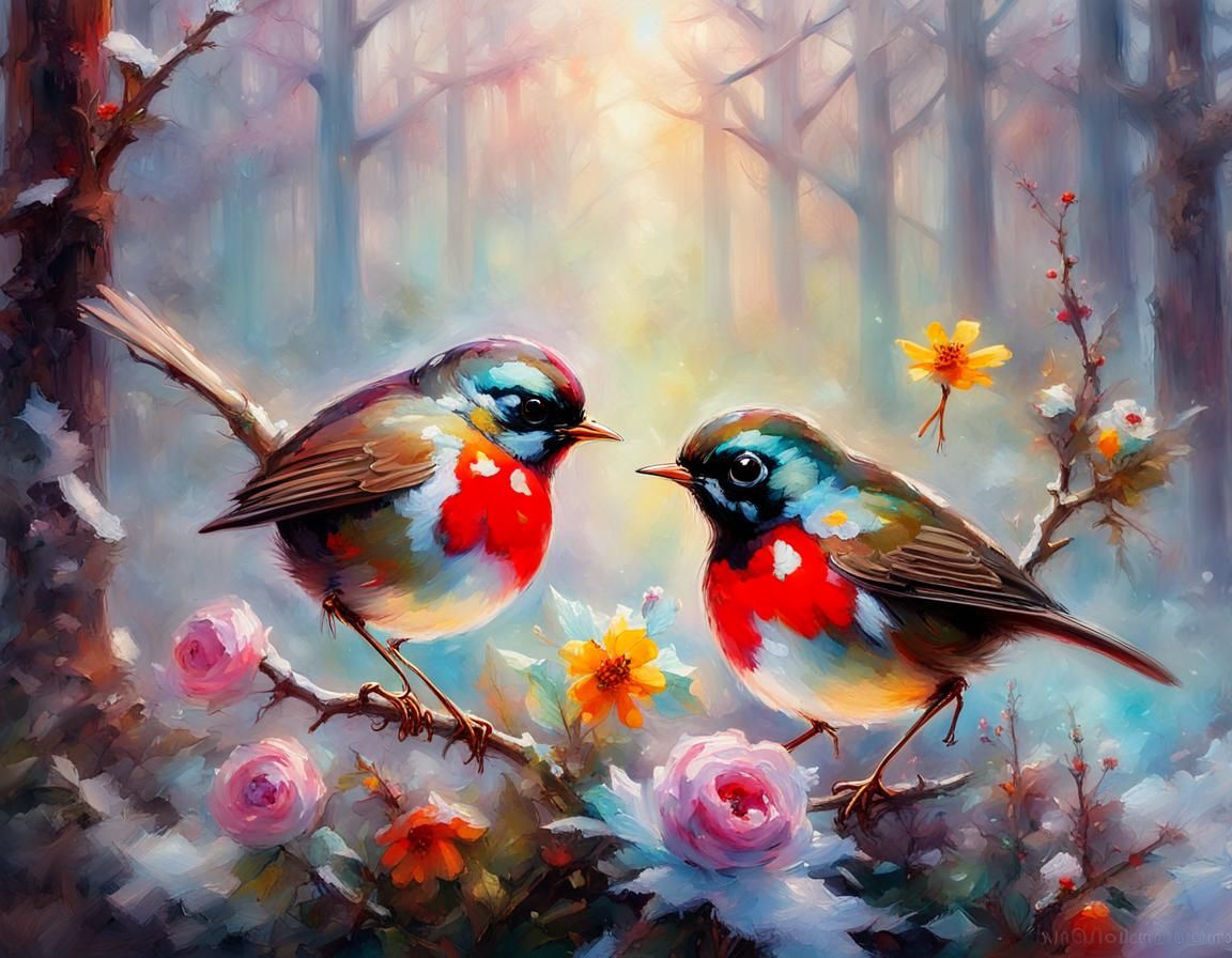 Two incredibly tiny glass robins with sparkling butterfly wings perched on a blooming flower in a winter forest, colorful, in the style of P...
