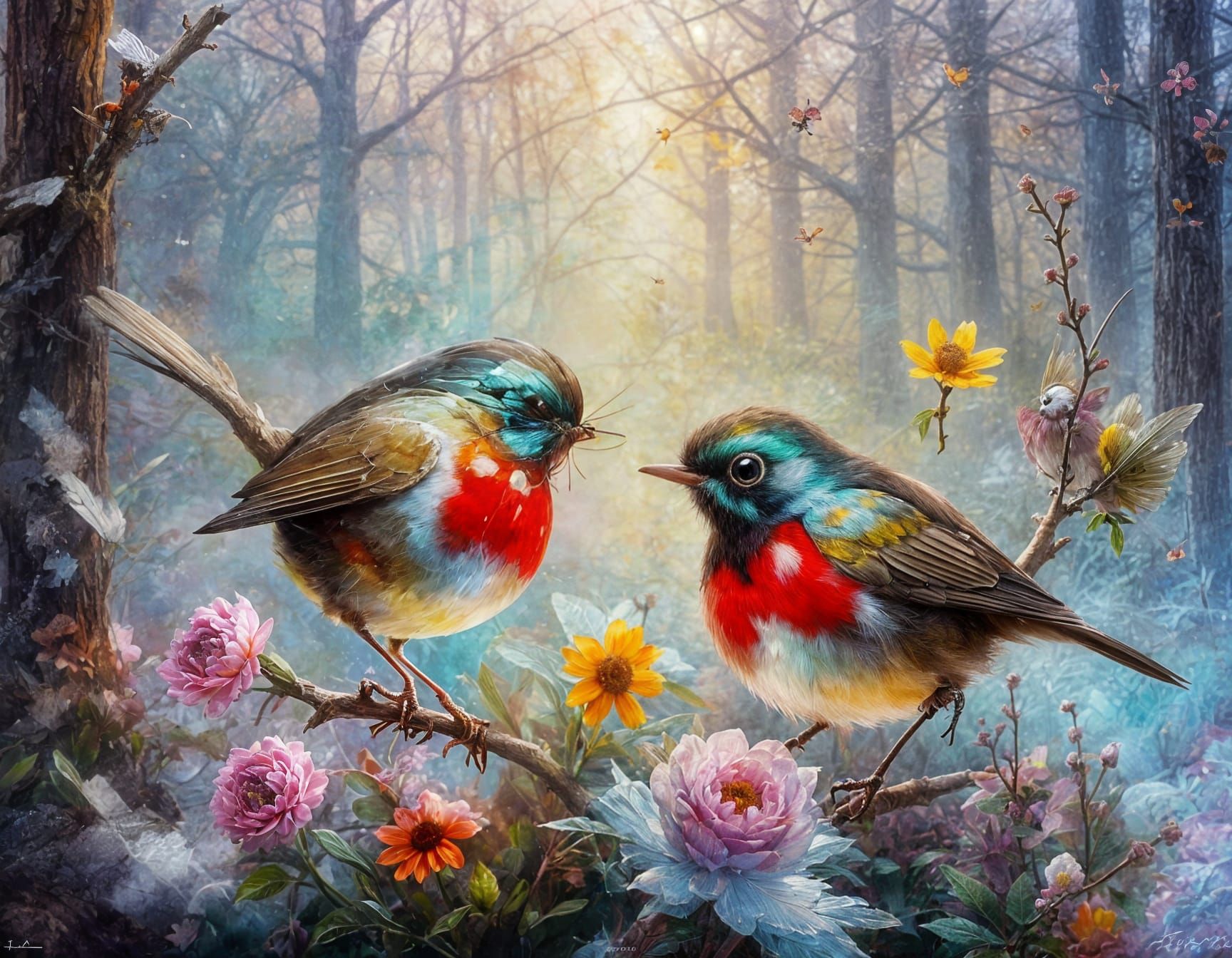 Pretty birds perched on flowers - Start Image 1