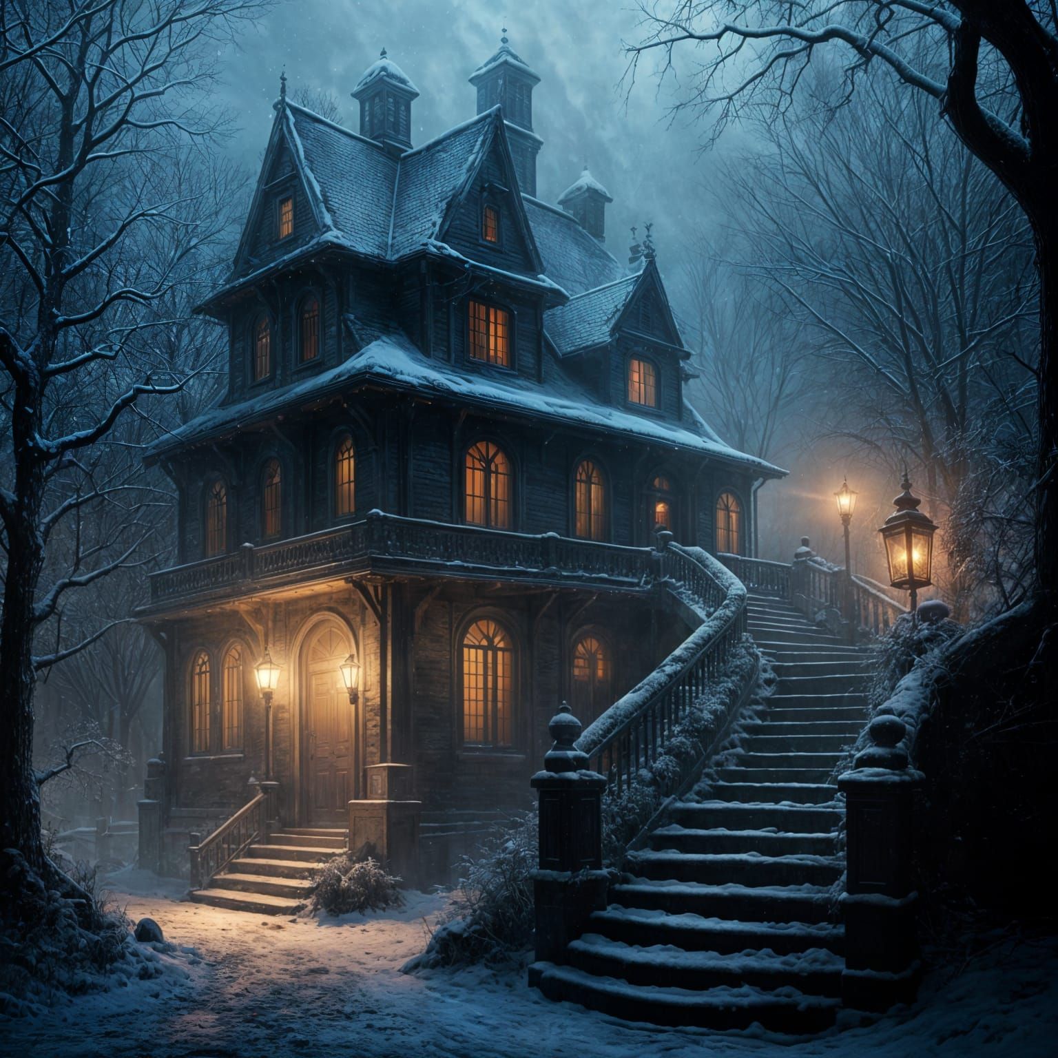 Nighttime scene in a dim, old wooden house. A steep staircase with nine worn steps leads to a mysterious closed door glowing faint warm ligh...