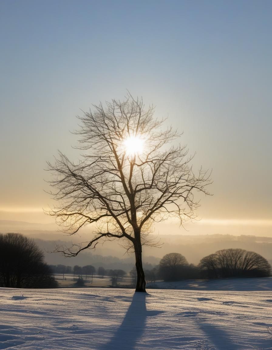 Winter Tree With The Sun Shining Like Gold Radiantly Through It's ...