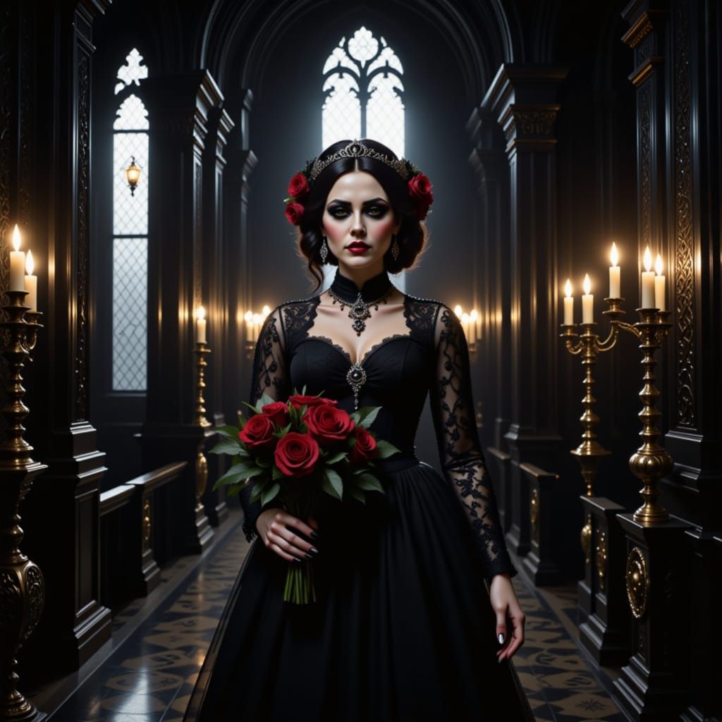 A goth woman getting married in the style of <lora:Gothify-her:1.5>