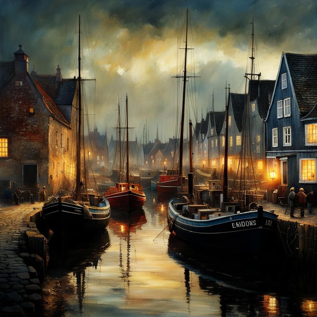 old Danish fishing harbor in the evening light, by Stewart Edmondson and Alexander Jansson, meticulous, ...  by @Tina auf der Blumenwiese