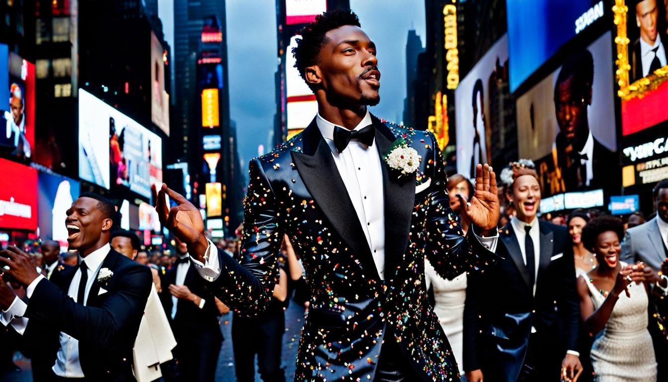 joyous celebrations with confetti blowing in time square young black