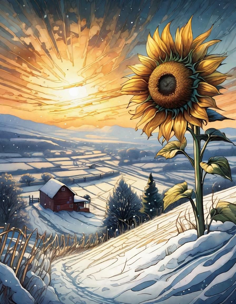 A sunflower in a snowy countryside   by @Sunil