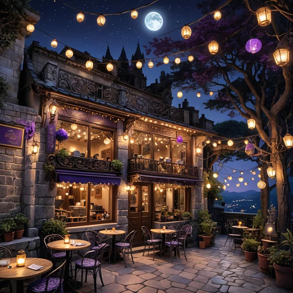 Moonlit Cafe Terrace Under Starry Night Sky