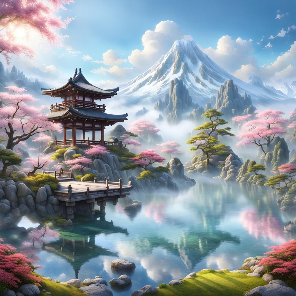Sunny morning in a Japanese spring garden