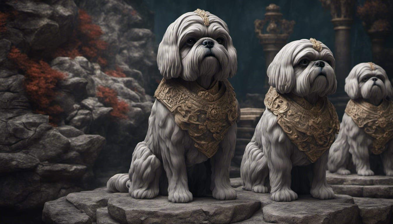 ancient stone statue of old wise grey shih tzu