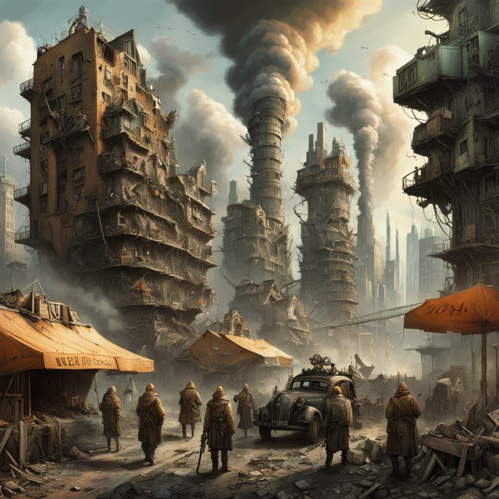 <lora:TOXICITY CITY:1.0> <lora:surreal apocalyptic:1.0> <lora:Hans Arnold 2:1.0> The 4 Hornsmen after the Apocalypse. 