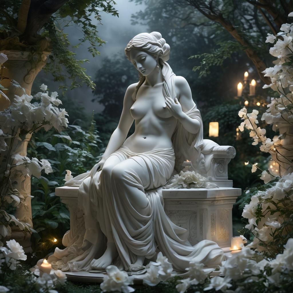 Ethereal Marble Odalisque in Moonlit Garden