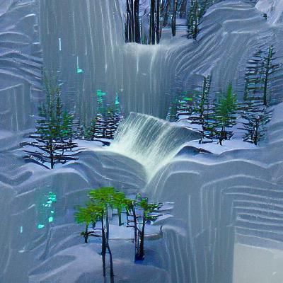 waterfall in the middle of a snowy forest