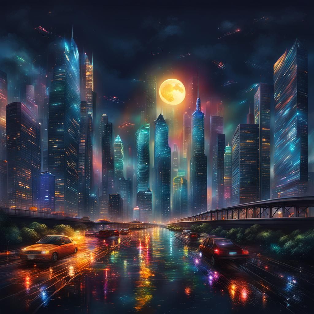 Magic of the night illumination of megapolis with skyscraper...