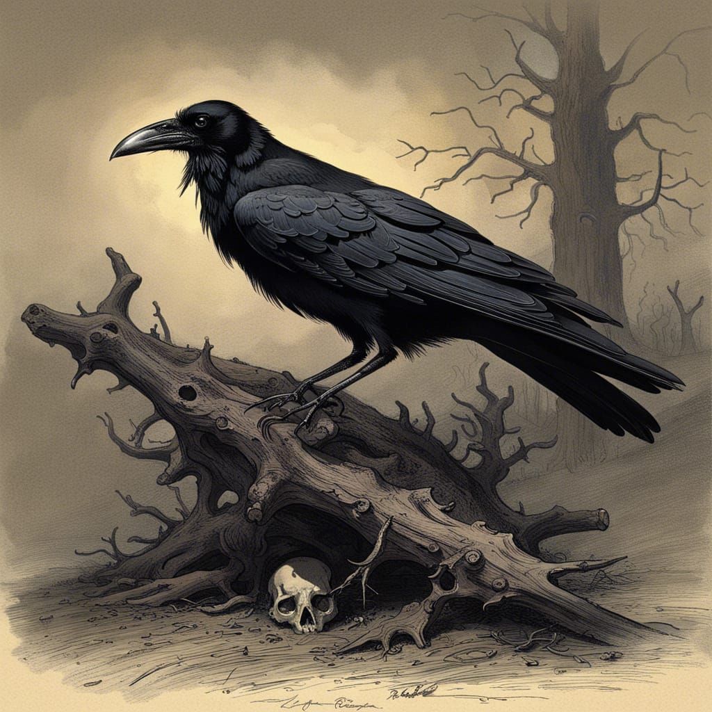 Raven perched on a deer skull