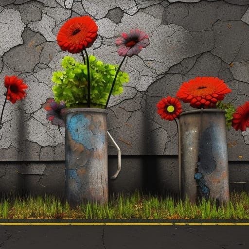 Rusty concrete flowers with old nails sticking out of them a...
