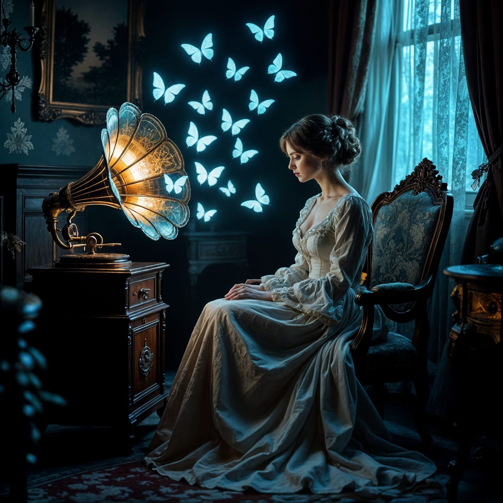A vintage, ornate gramophone playing a melody that causes spectral, glowing butterflies to emerge and ...  by @Polly TheNettle