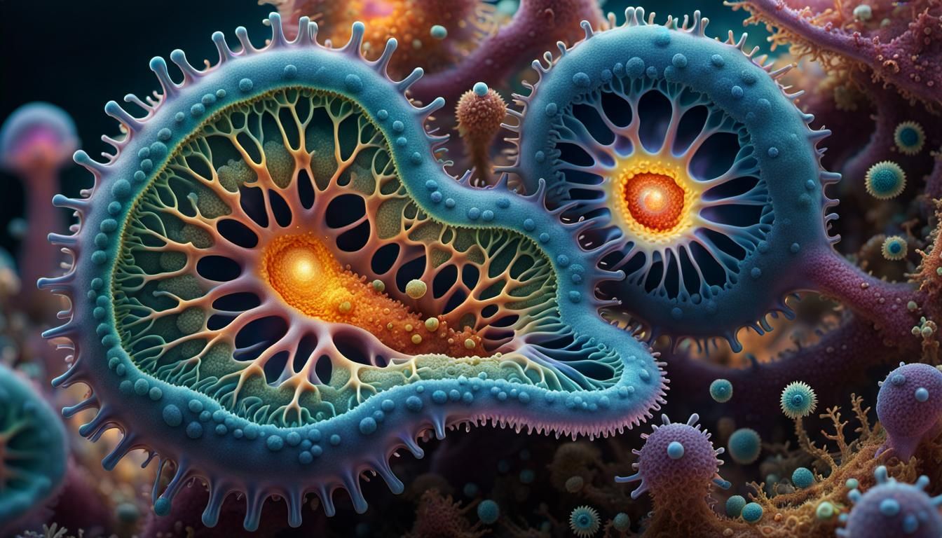 An amoeba preparing to envelop another organism  by @Drescher